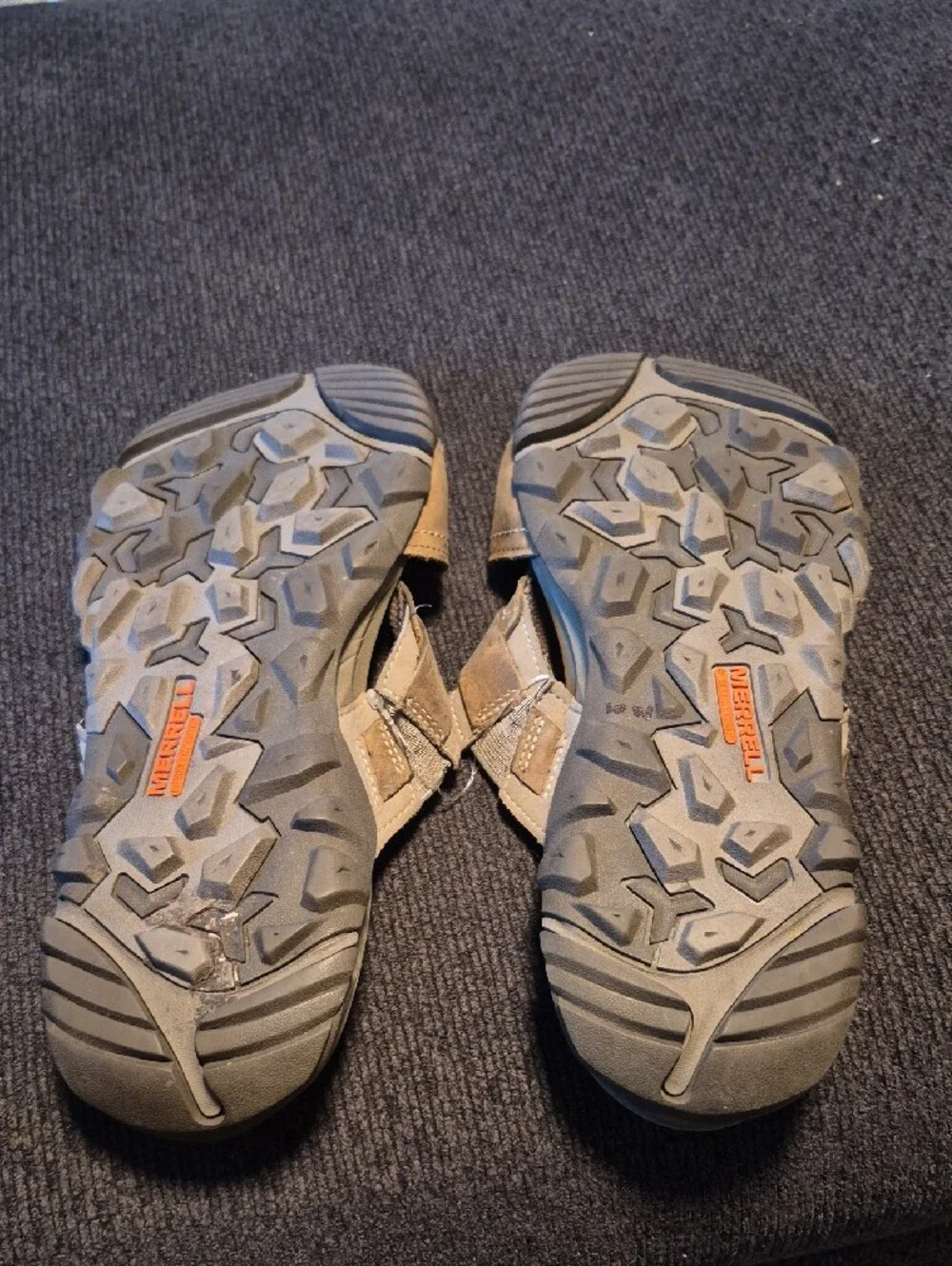 Merrell Men’s Brown Suede Slide Sandals with Orange Accents